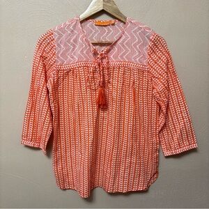 Oliphant Tassel Tie Geometric Print Lightweight Top Blouse Orange White Small